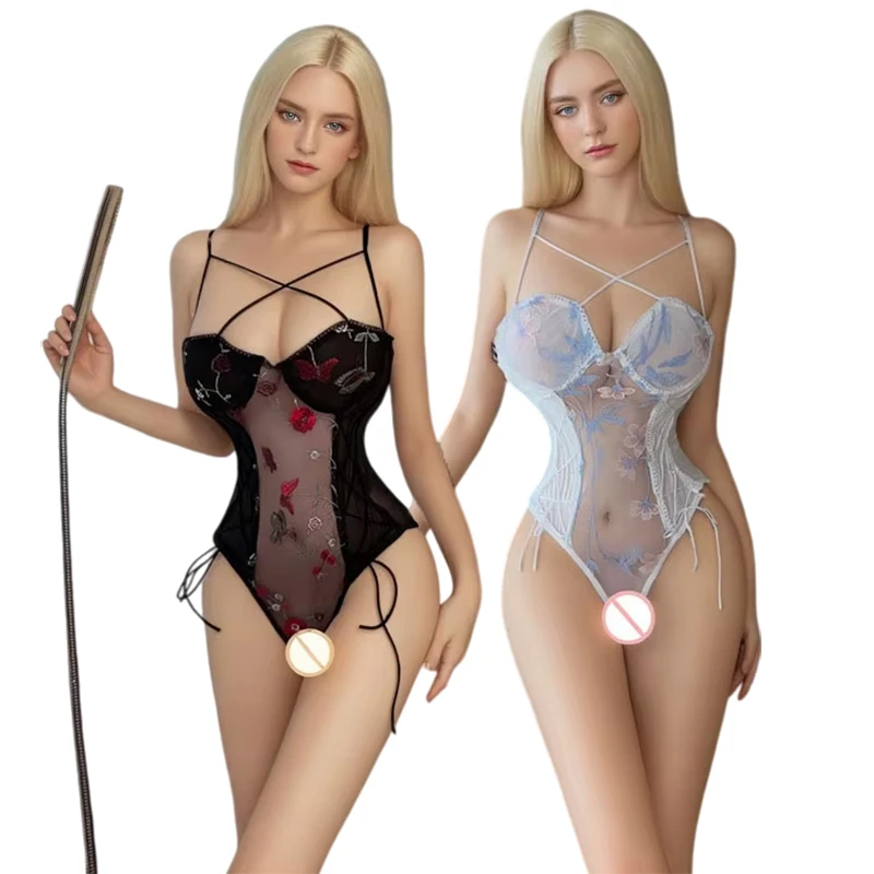 

Sexy Lingerie Mesh Embroidered Bodysuit Lace See Through One-Piece Teddy Female Pajamas Night Wear Underwear Nighty Women Girls