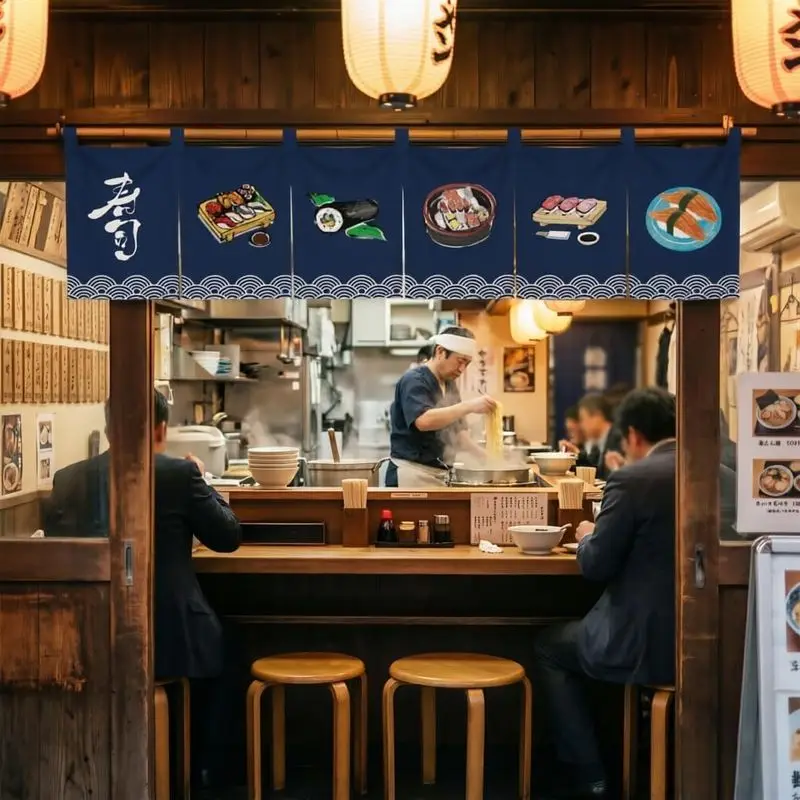 VIKAMA Sushi Calligraphy Noren Curtain Hanging for Sushi Ramen Bar Shop Doorway Traditional Cozy Aesthetic Home Decor