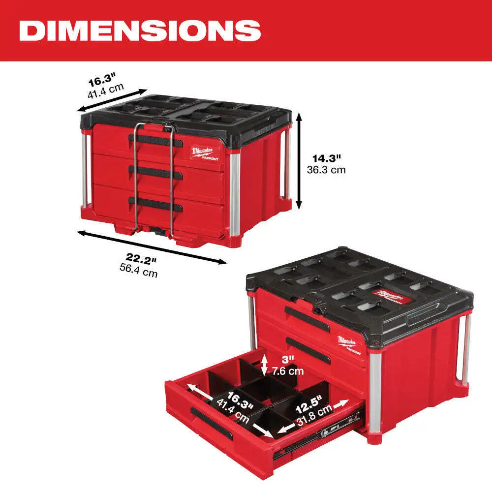 Milwaukee 48-22-8443 Packout 3 Drawer Durable Tool Box with 50lbs Capacity-