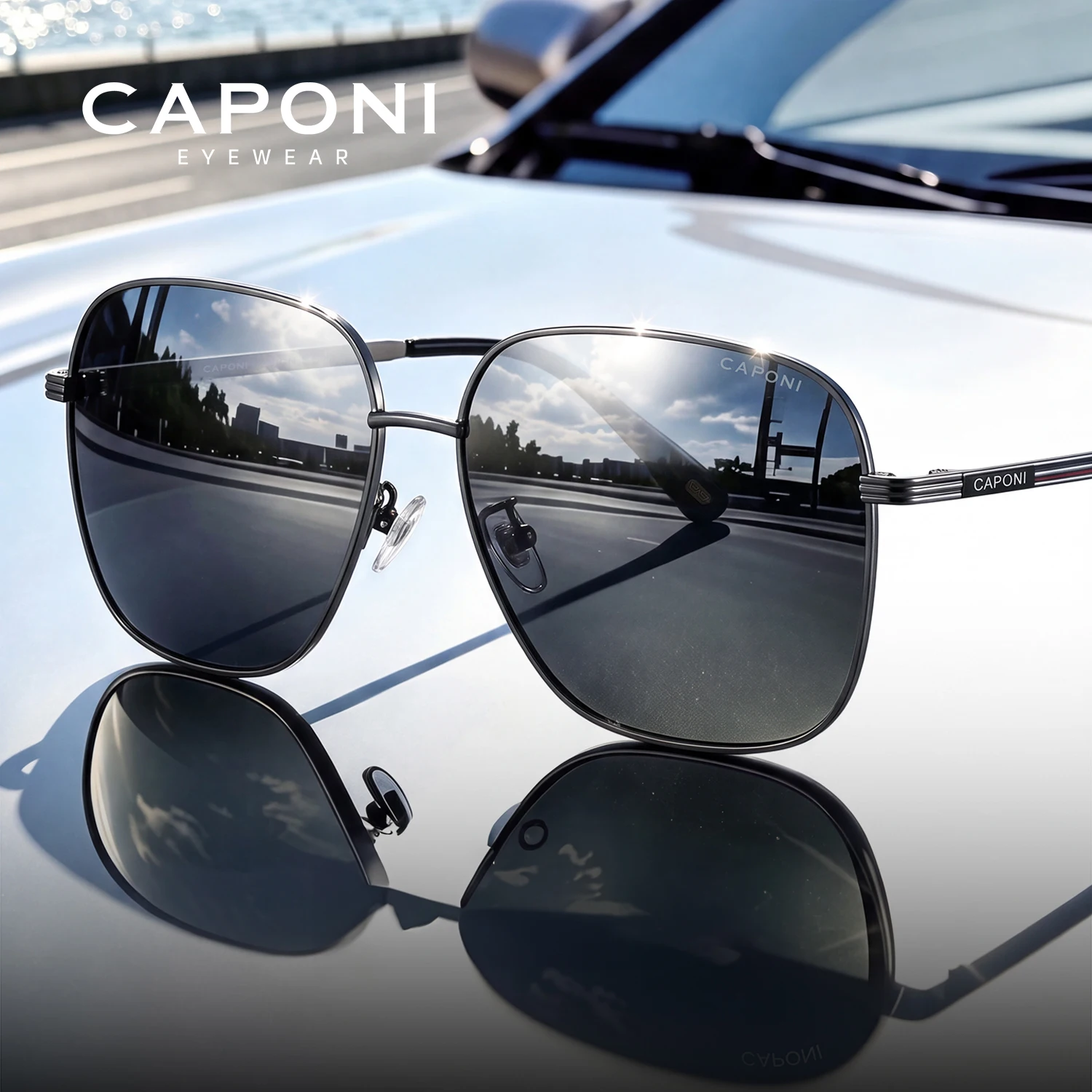 CAPONI Classic Men's Sunglasses Polarized Photochromic Alloy Sun Glasses Driving Male UV400 Protect Brand Design Shades BS23031