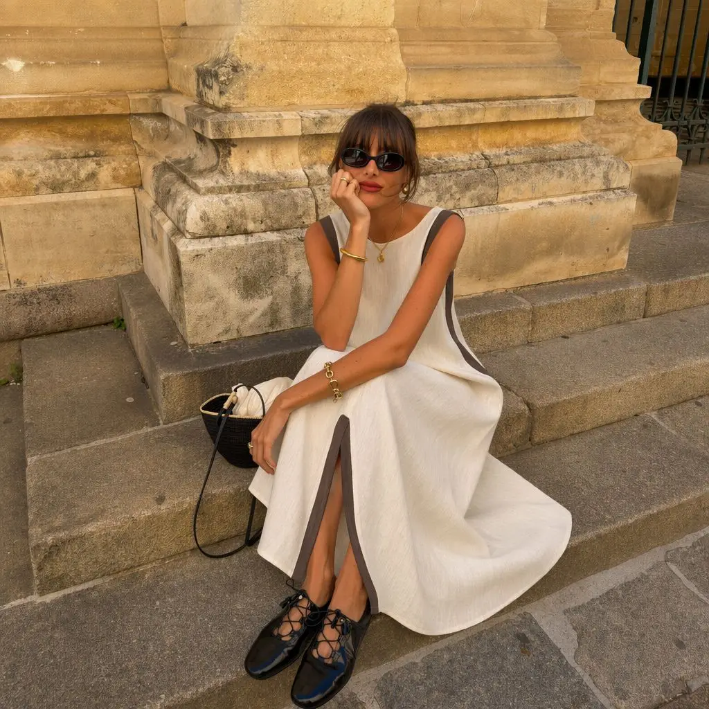 ZEKYE Summer New Women's Linen Color-blocking Slit Elegant Sleeveless Cool Breathable Casual Dress Evening Dresses