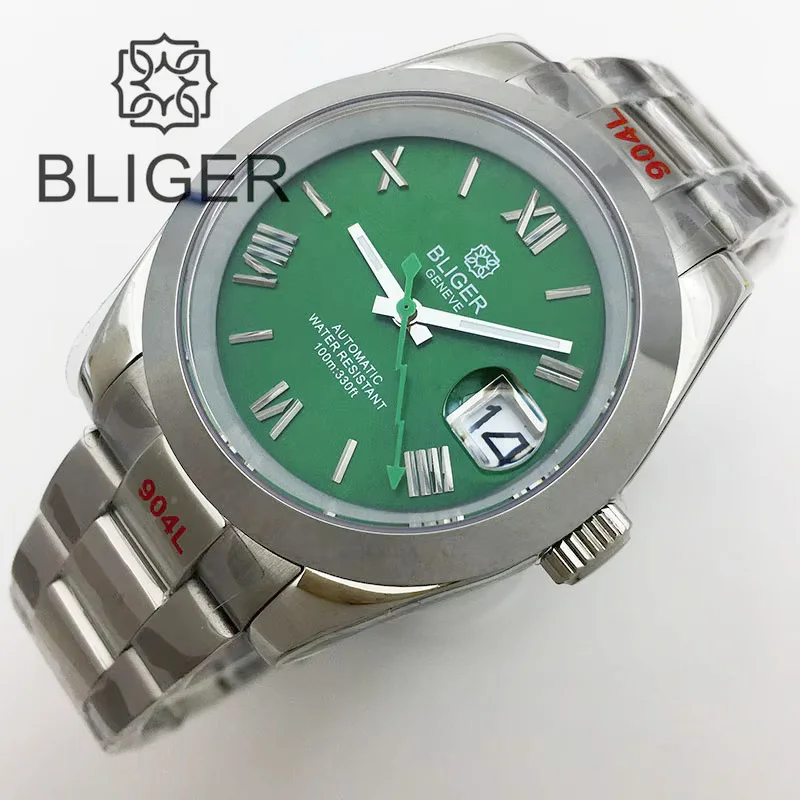 

BLIGER 36 м 39 мм Часы для мужчин NH35 Роскошный полированный наклонный безель Сапфировое стекло Черный Зеленый Синий Серый циферблат Римский номер Стальной ремешок