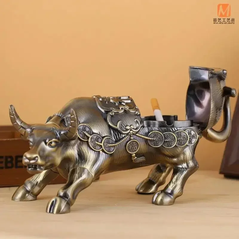 Creative Zinc Alloy Bull Ashtray Home Office Decorative Ashtray Windproof with Cover Cigar Ashtray Home Desktop Storage Box