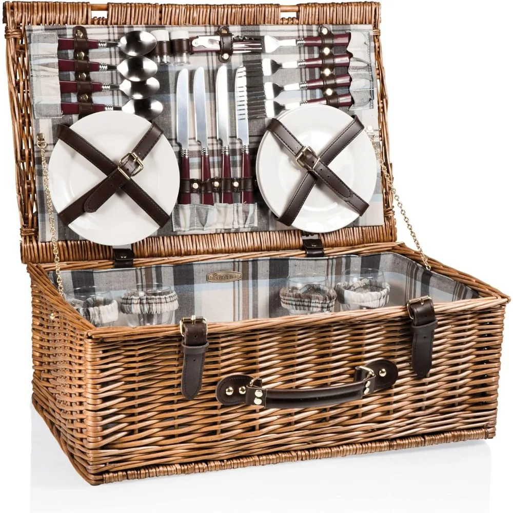 Picnic Basket Set for 4 Persons, Navy Blue & Burgundy Plaid Pattern