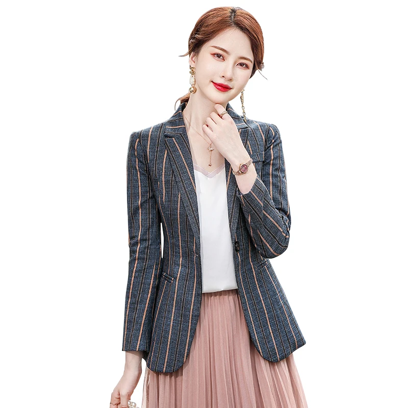 

Female Business Work Wear Jacket Blazer Women Spring Autumn Black Gray Stripe Long Sleeve One Button Slim Coat