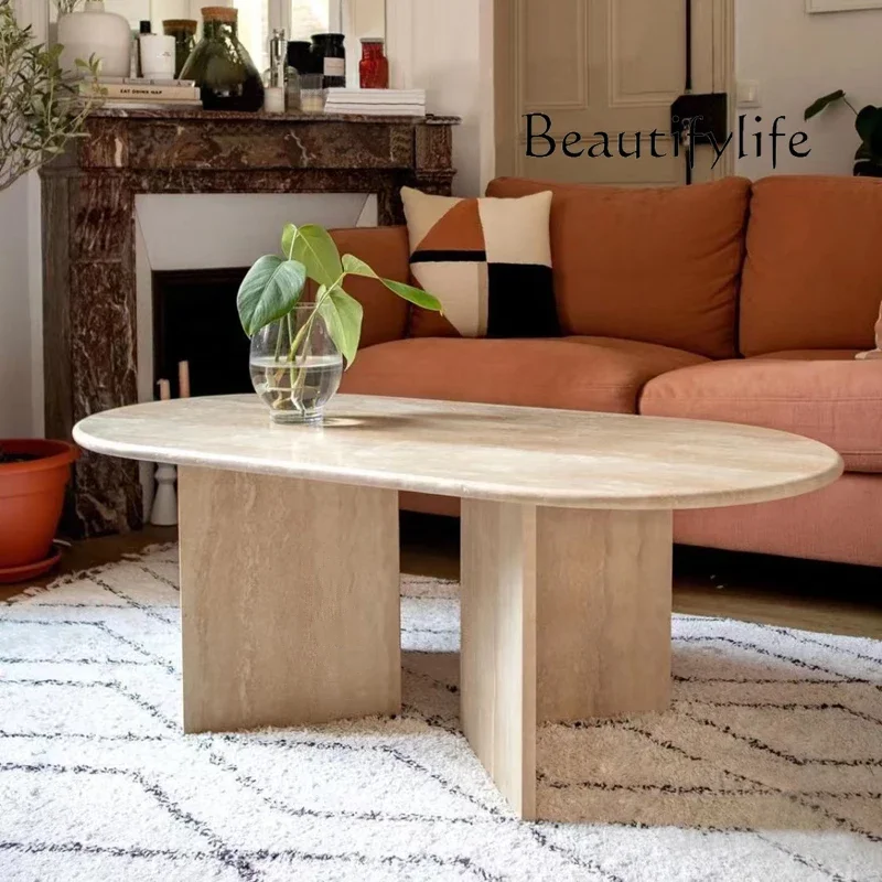 R Nordic Travertine Small Coffee Table Wabi Style Modern Simple Light Luxury Marble Rectangular Creative Art Low Table