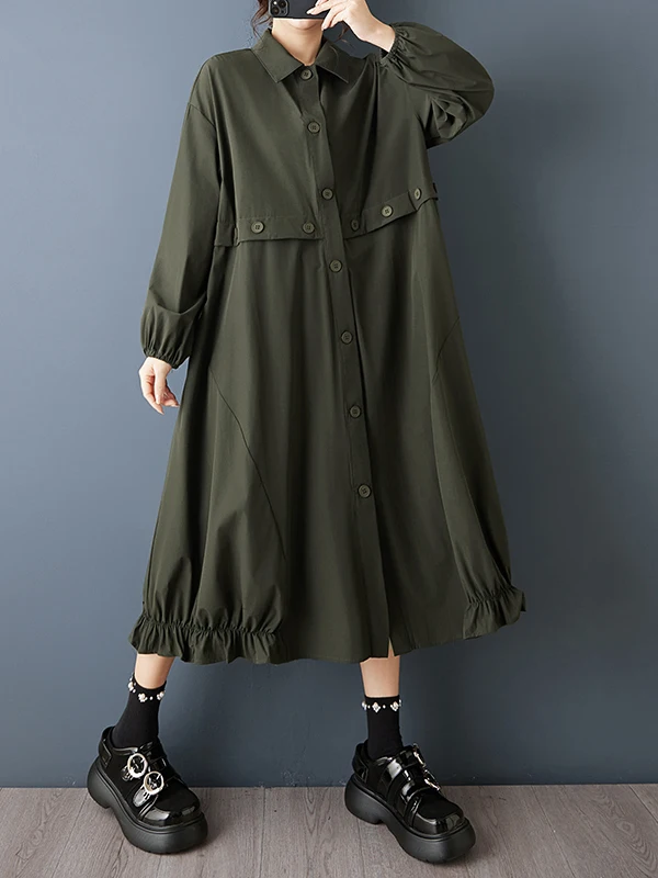 k Sle Midi Dr irt Dr Ele Spring Faion Damenbekleidung, lockere Taille, langer Sve-Knopfverschluss, Alltagskleidung