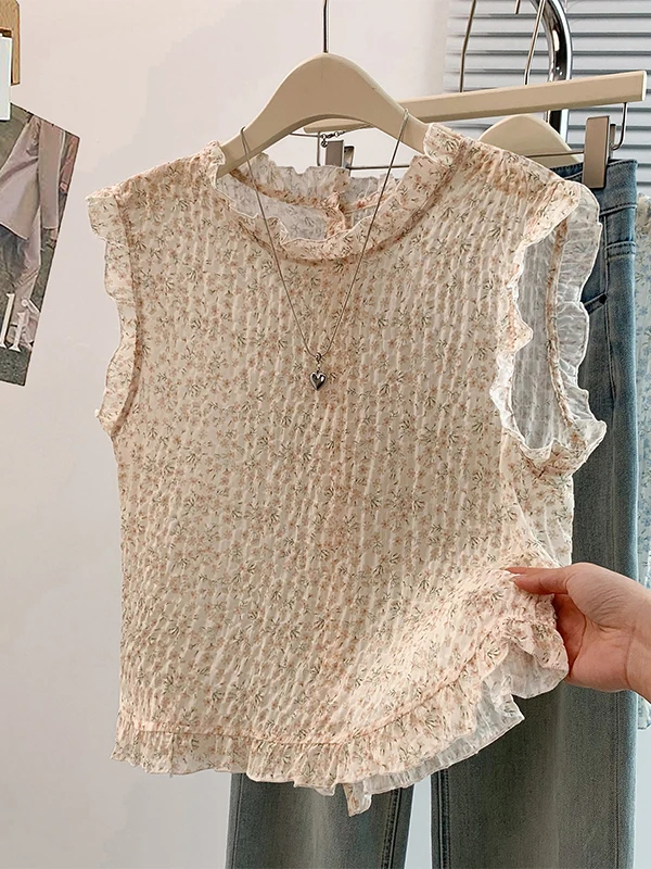 

Retro Style Floral Lace Collar Sleeveless Thin Design Summer Shirt Women's Back Button Slimming Top Country Style Floral Print