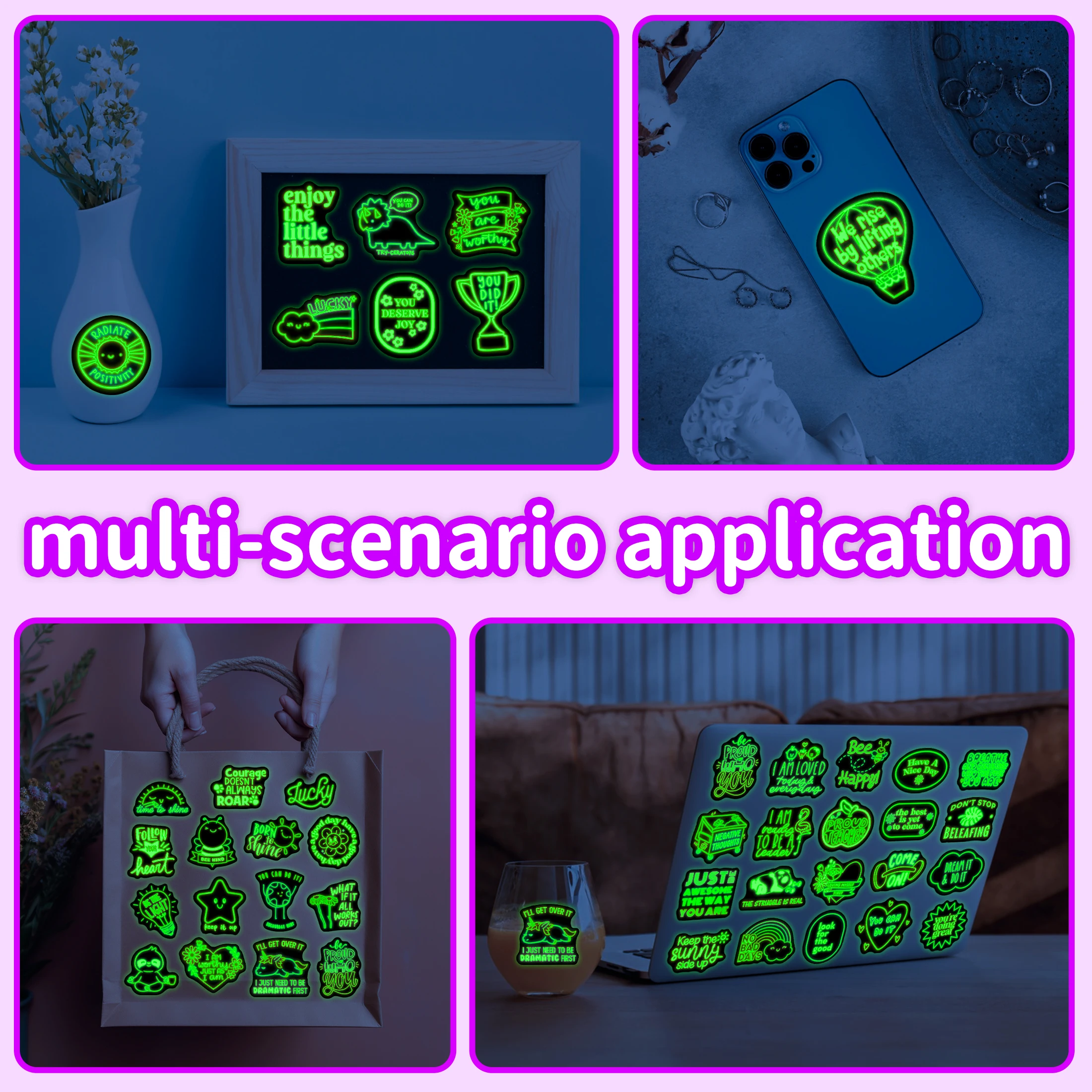 50 pçs neon sorte padrão brilho no escuro adesivos decalques de vinil à prova dwaterproof água computador caso do telefone decoração para crianças presentes diy