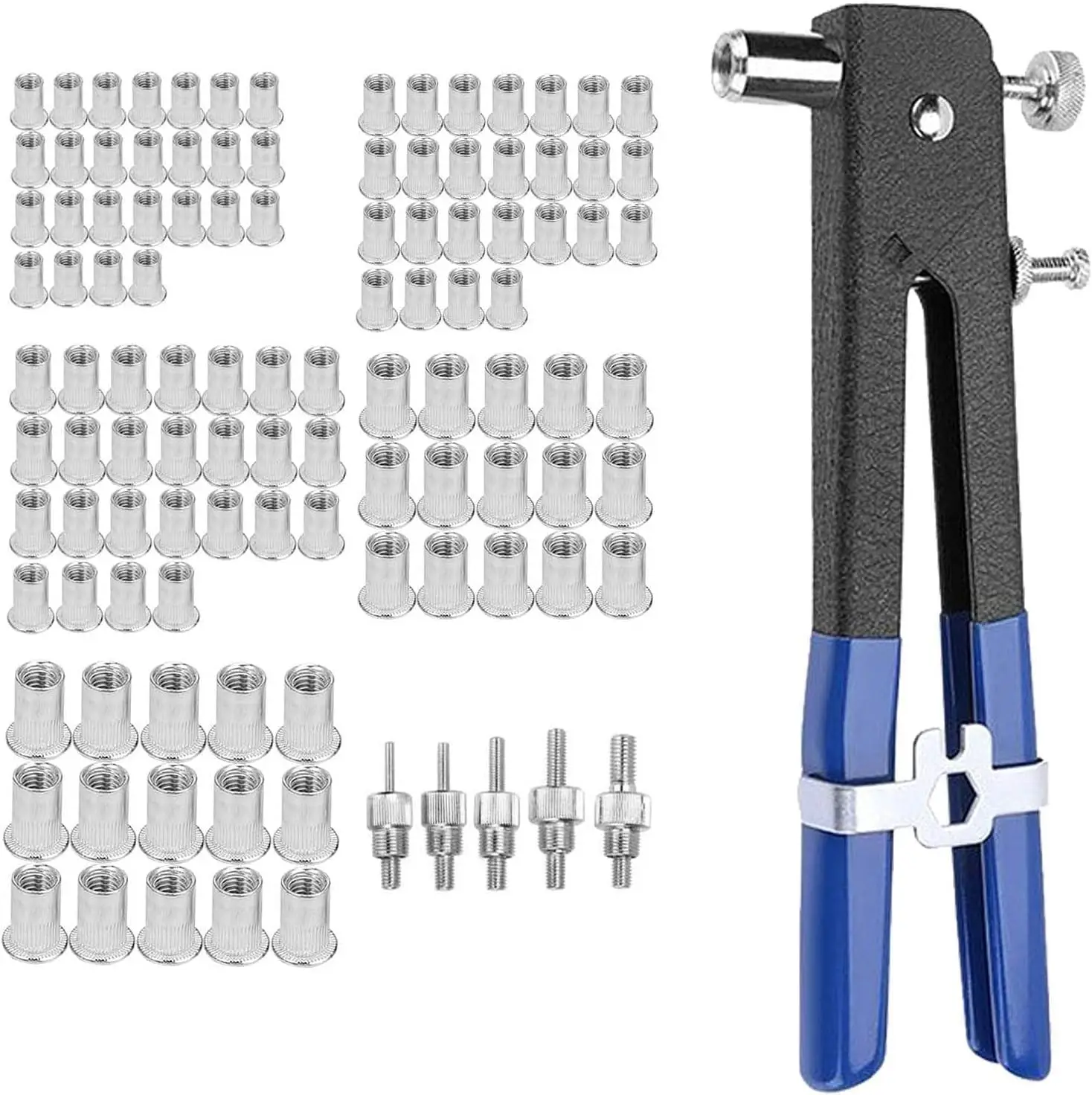 110pcs Rivet Nut Tool Kit, Nail Gun for Concrete Wall, M3 M4 M5 M6 M8 Metric Mandrels Heavy Duty Rivnut Blind Riveting Tools