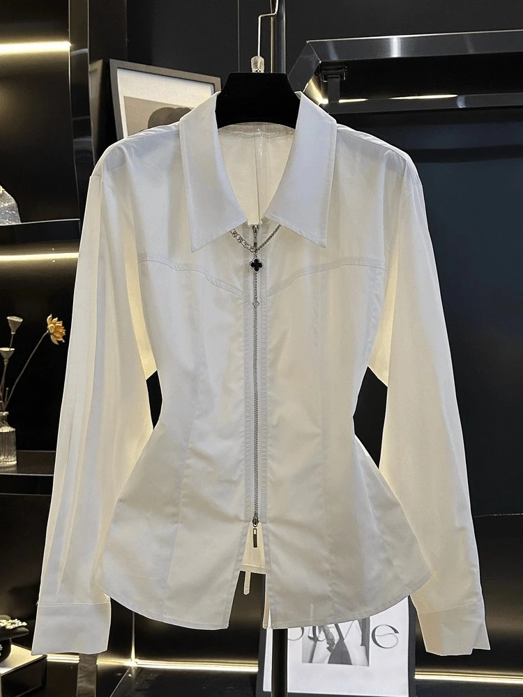 

2025New Women Shirt French Elegant White Zipper Polo Collar Long Sleeve Shirts Autumn Fashion Office Tight Waist Outwear Blouses