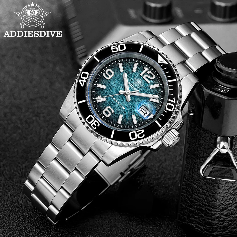 ADDIESDIVE Quartz Watches Men 41mm Fashion Gradient Japan 2115 AR Coated Waterproof 200m Dive Watch BGW9 Luminous Reloj Hombre