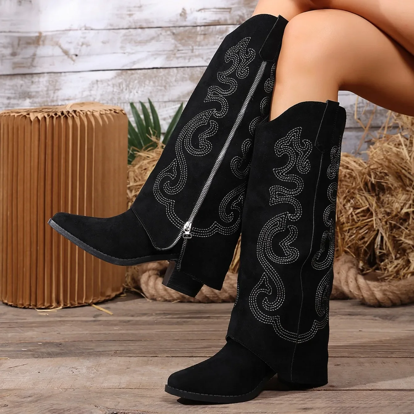 Modetrend Bestickte Western-Cowboystiefel für Damen 2026 Retro Spitze Zehe Dicker Absatz Lässige Reißverschluss-Kniestiefel für Damen – Detail 13