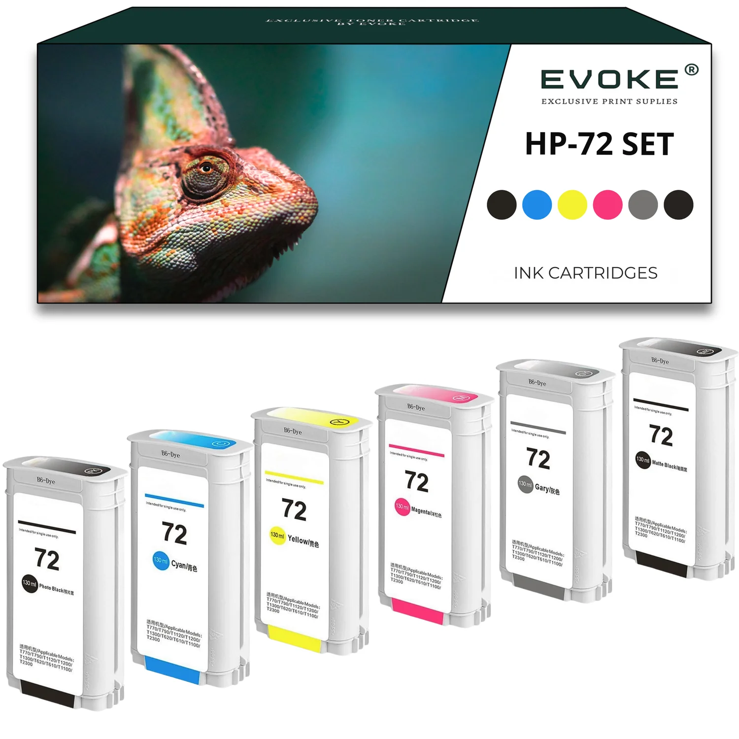 Evoke Compatibele Inkt voor Hp 72 6X: Cyaan, Magenta, Geel, Fotzwart, Matzwart, Grijs 780 ml Designjet T610 T620 T770 T790 T795 T1100 T1120 T1200 T1300 T2300