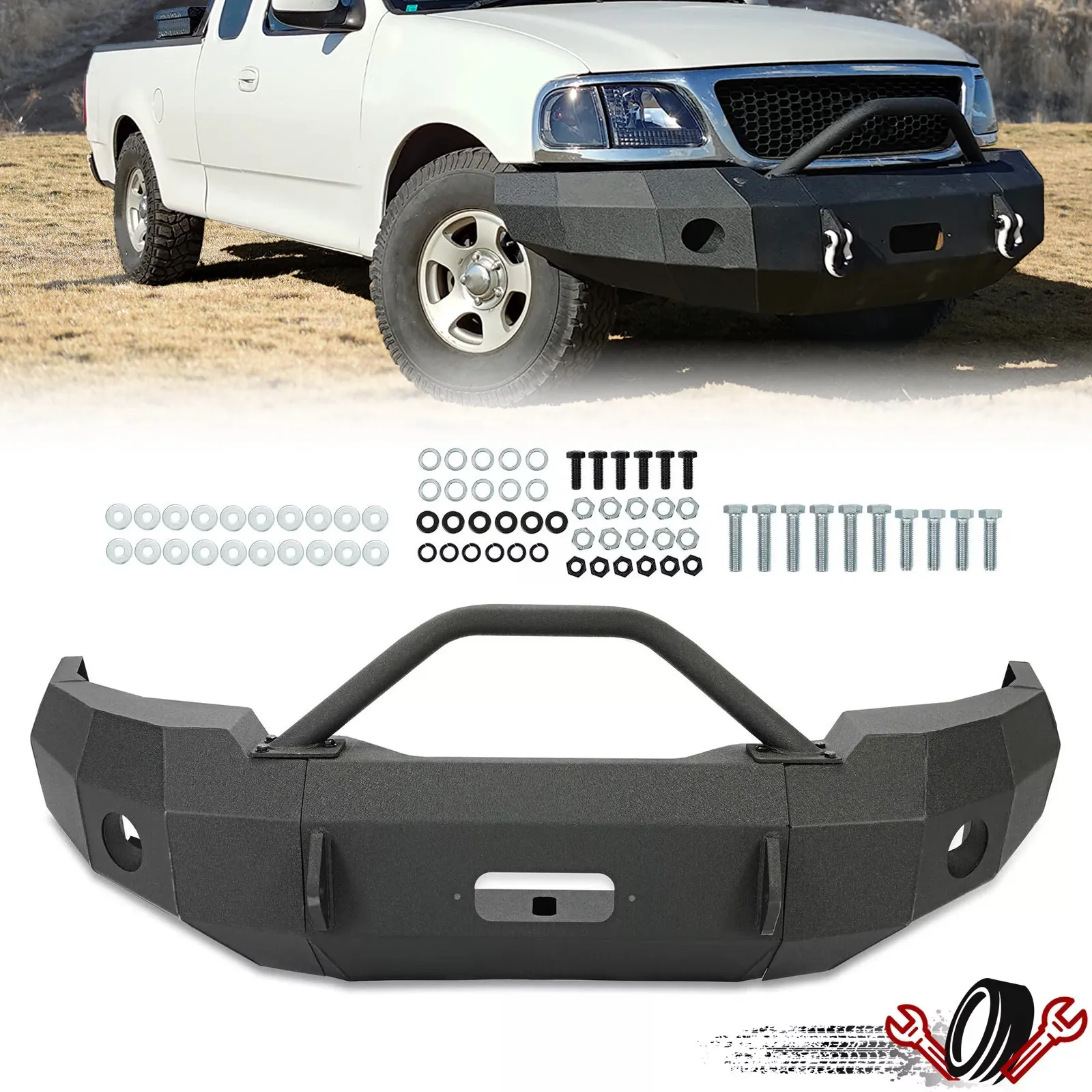 For 1997-2003 Ford F-150 F150 Black Steel Front Bumper W/ Push Bar Powder Coated