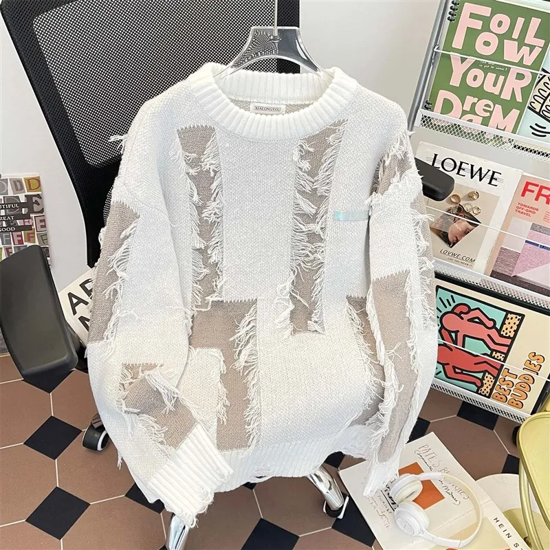 

Men's Autumn Winter Knitted Sweater Fake Two-Piece round Ne Overalls Vintage Loose American Sle Patchwork Hole Design