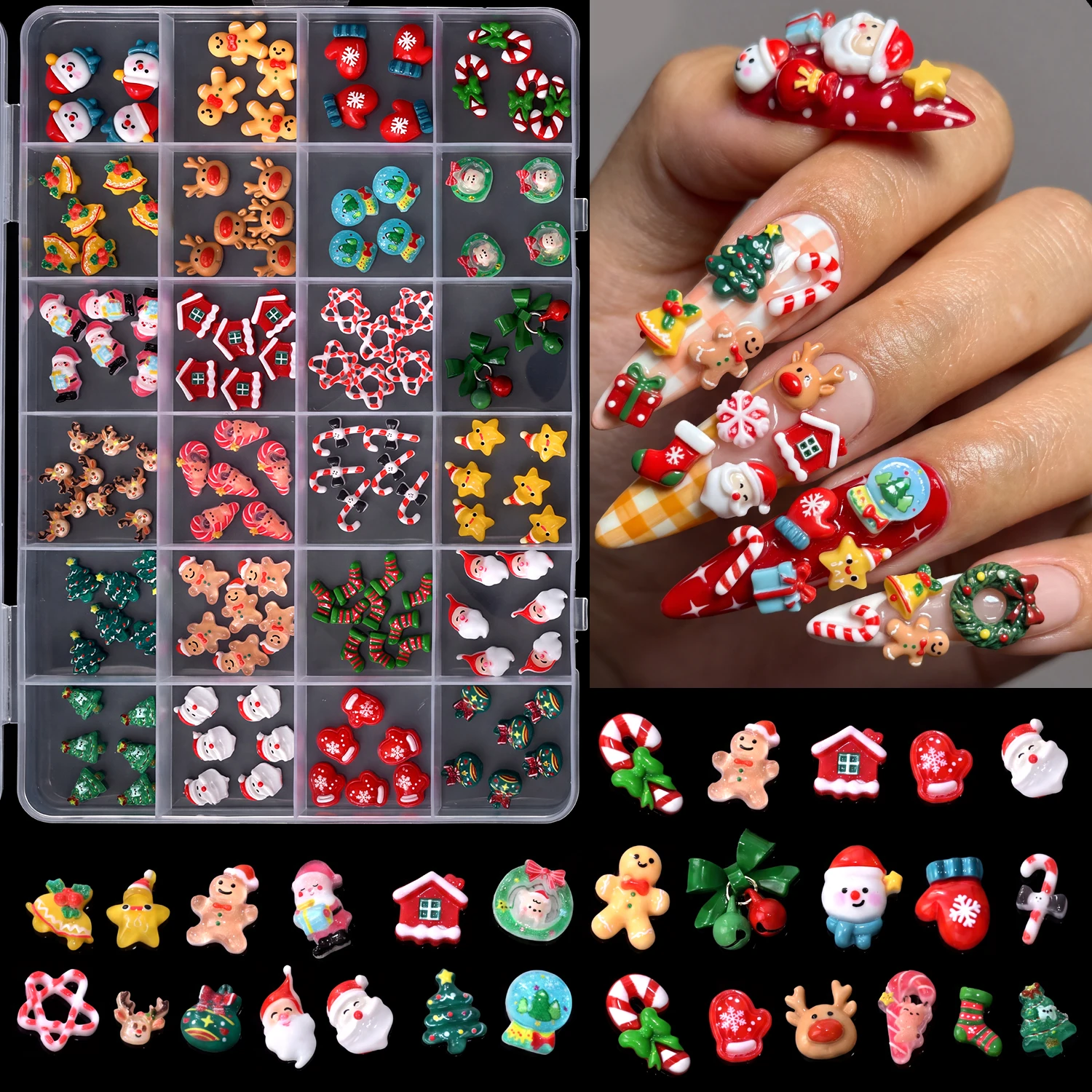 24grid 3D Kawaii Weihnachtsmann/Schneemann/Elch/Handschuhe/Glocke/Bonbon/Weihnachtsbaum Nagelcharms Flache Rückseite Harz Weihnachts-Winter-Nagelsteine – Detail 1