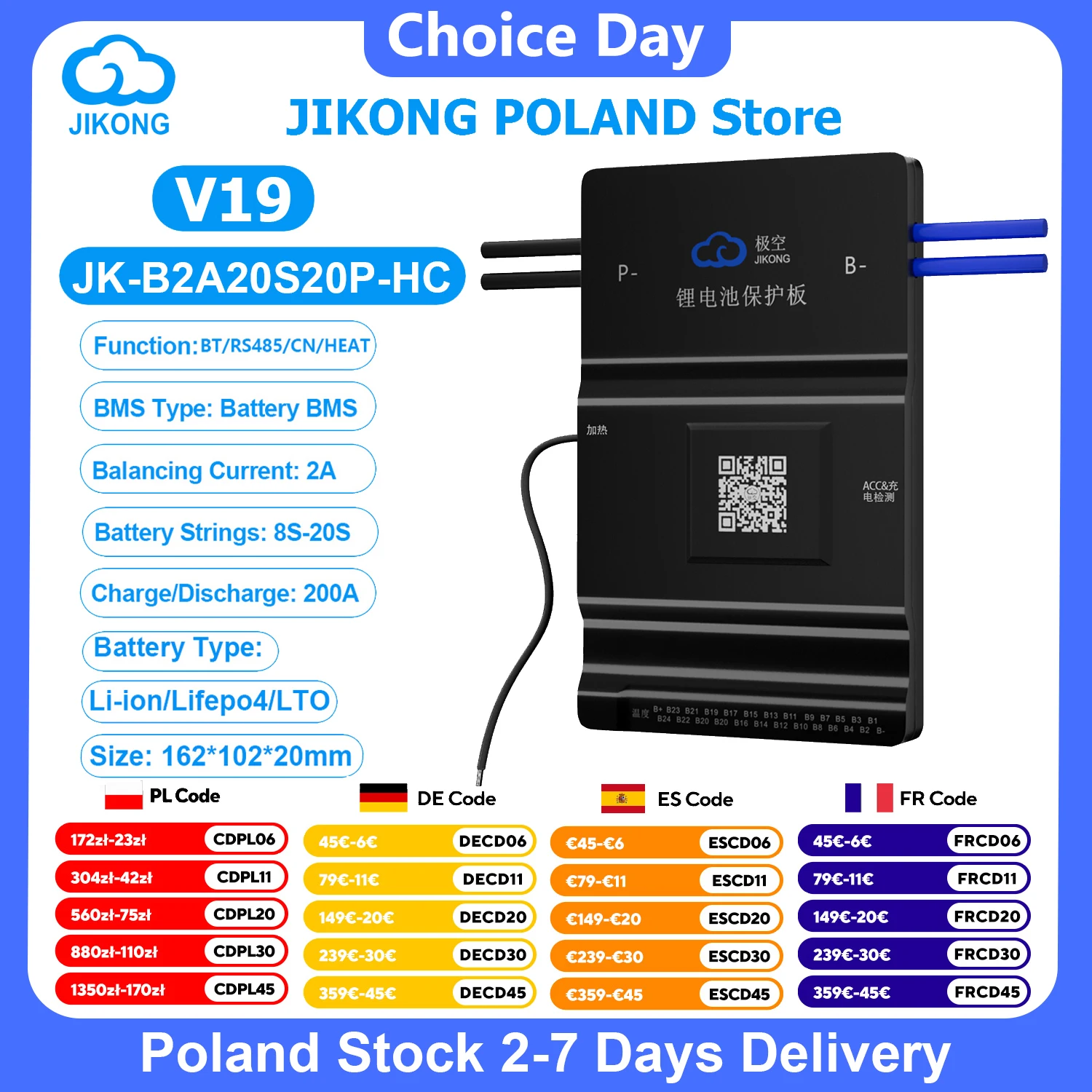 JIKONG V19 JK BMS B2A20S20P-HC Smart BMS 8S~20S con Display BT, Bilanciatore Attivo HEAT CAN da 2A, 200A per Batterie Lifepo4 LTO Li-ion, BMS JKBMS 10S 12S 16S 18S