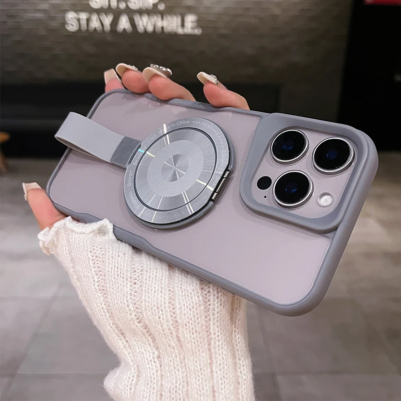 

Titanium gray rotating holder magsafe charging phone case for iPhone 16 15 14 13 12 11 Pro Max magnetic shockproof hard cover