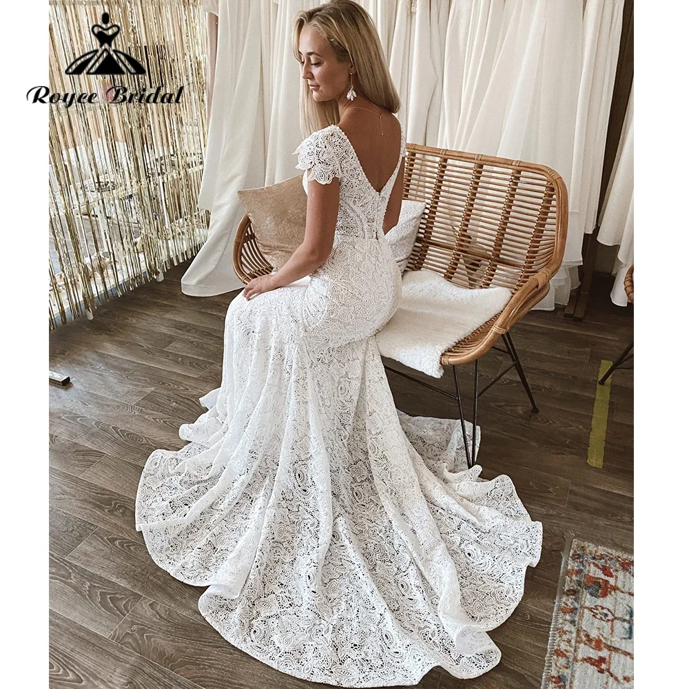 Boho Lace Mermaid Wedding Dress Sexy Scoop Neck Short Sleeve Open Back Unique Bohemian Bridal Gowns robe de mariee
