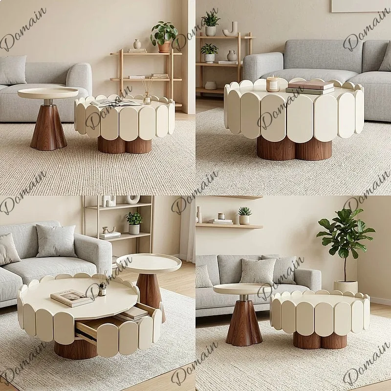 French Cream Round Coffee Table Set, Mid-Century Petal Design, Living Room Center Table, 2026 New