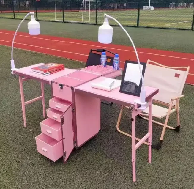 new customized pink makeup nail polish organizer case nail salon station trolley manicure table with music loudspeaker