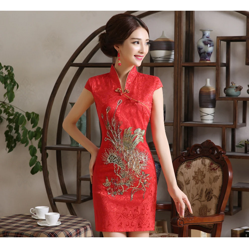 

Cheongsam Dress Asian Brocade Chinese Gowns for Women Formal Mini Bridal Bride Costume Short Sleeve