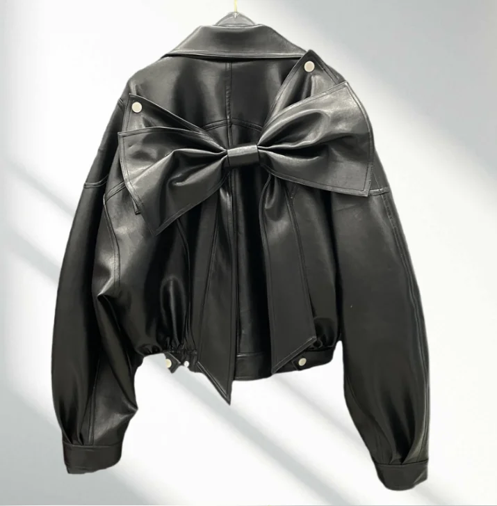 Outono indústria pesada arco solto bonito lazer manga longa jaqueta de couro doce legal menina versátil casaco curto redução de idade