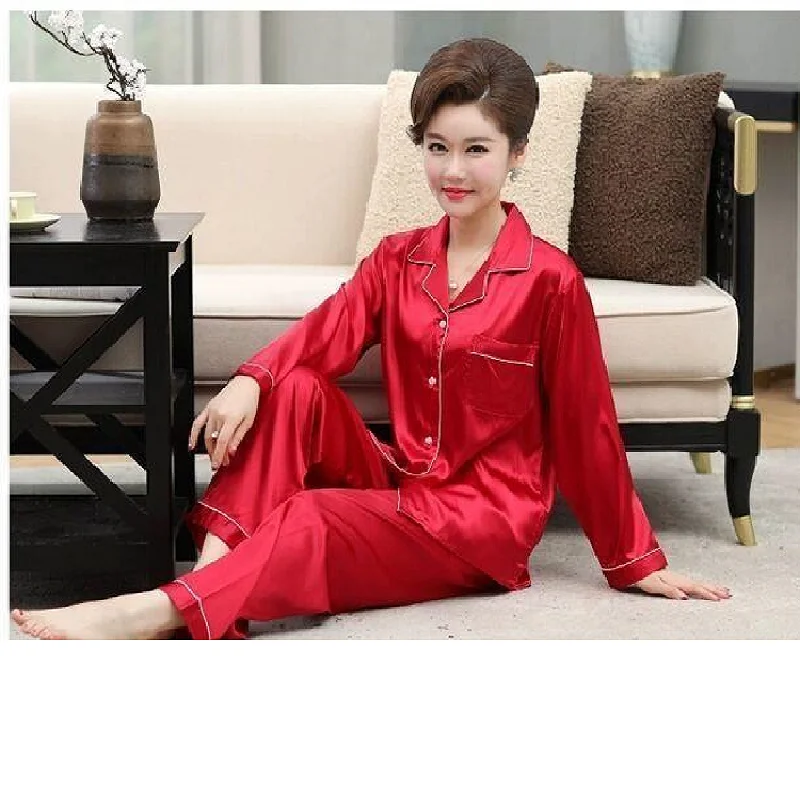 2PCS/Set Middle-Aged and Elderly Ice Silk Pajamas Female Spring and Autumn Long-Sleeved Silk Homewear Mum Women Soft Loungewear