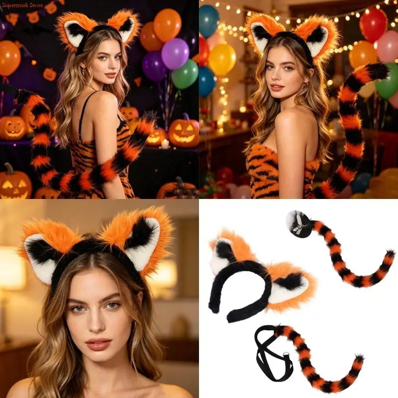 Q5WE Plush Raccoon Ears Headband Detachable Tail For Cosplay Party Daily Wear Unisex Soft Fabric Adult Lovely Headpiece