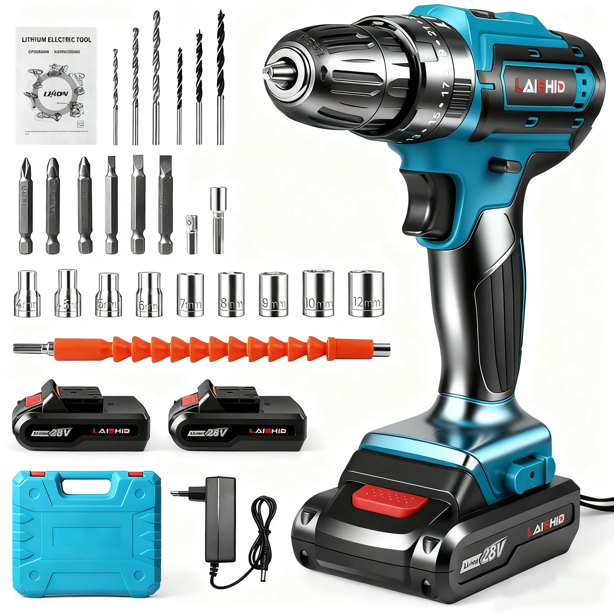 Ensemble perceuse-visseuse sans fil 21V, 2 vitesses 1350 tr/min, kit 24 pièces, tournevis électrique à 2 batteries avec 32 réglages de couple pour le bricolage à domicile