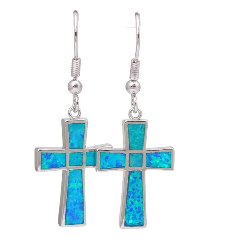 

JLE-458 Women's Fashionable Silver-Plated White Opal Cross Drop Earrings for Parties Blue Jewelry