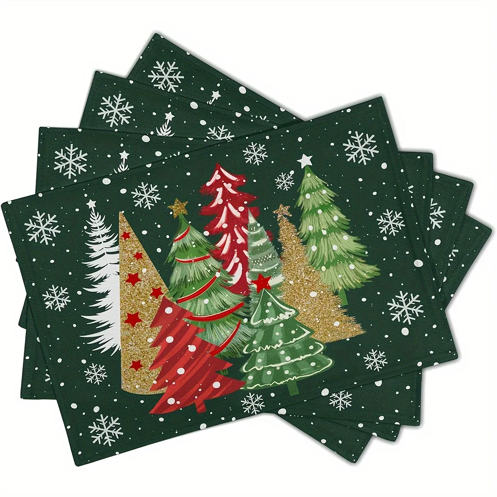 Christmas Tree Snowflake Winter Holiday Print Rectangular Placemats Set Farmhouse Xmas  Dining Table Decor Mats 4PC 6PC 8PC