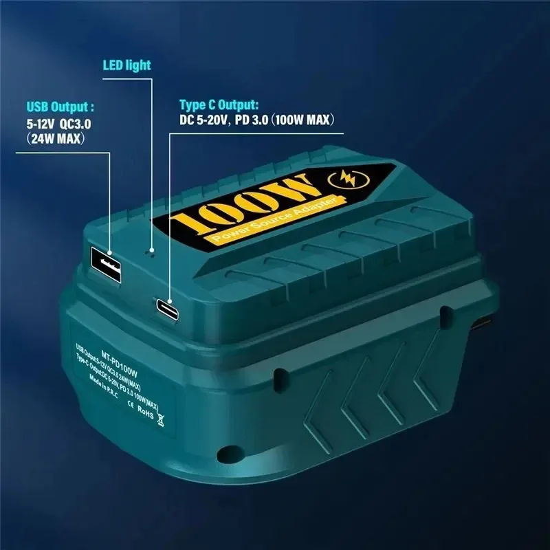 Konverter für BL1430 18/20V Batterien, PD100W USB-Werkzeugakku-Adapter mit USB- und Typ-C-Anschlüssen für elektronische Geräte – Detail 2