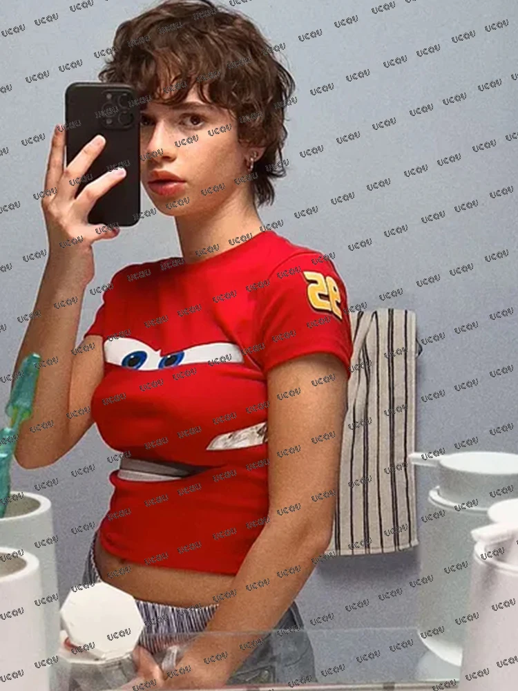 2025 Zomer Nieuwe Lightning Mcqueen Print T-shirt Voor Vrouwen Korte Mouw Crop Top Streetwear O-hals Tees Vintage Casual Y2k Tops
