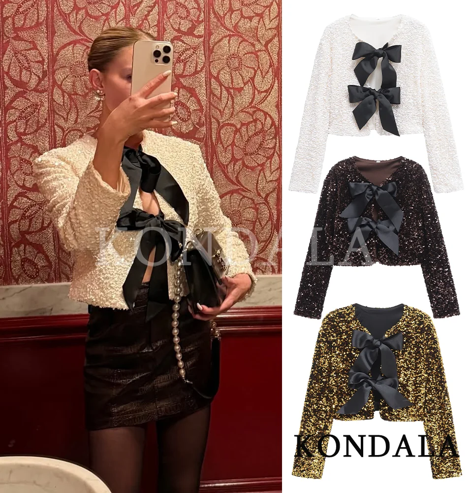 

KONDALA Chic Bow Sequined Evening Jacket Women O-Neck Bow-Button Short Jacket 2026 Fashion Dinner Party Dating Jacket for Female