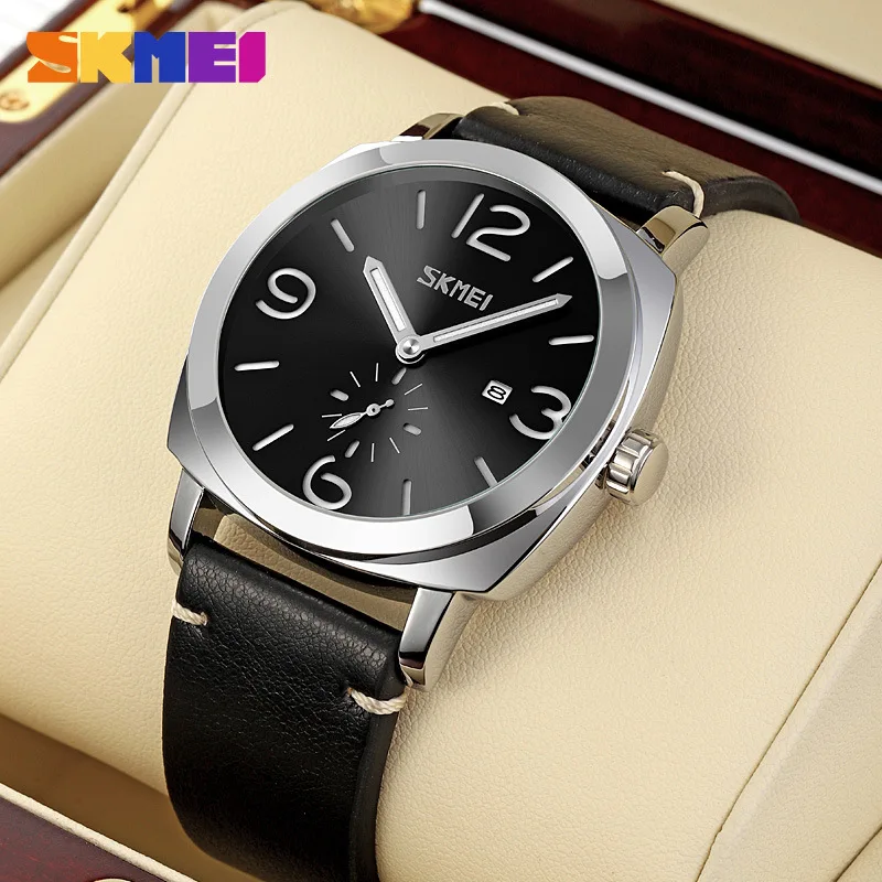 Skmei Men's Leather Belt Quartz Watch Simple Large Casual Sun Pattern Dial Watch