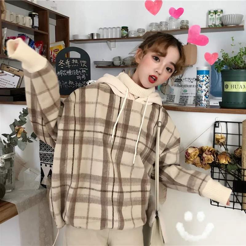 Hoodies Women Plaid Turtle-neck Hooded Fake Two Pieces Womens Winter Thickening BF Harajuku Hot Sale Kpop Hoodie Ins Pullover