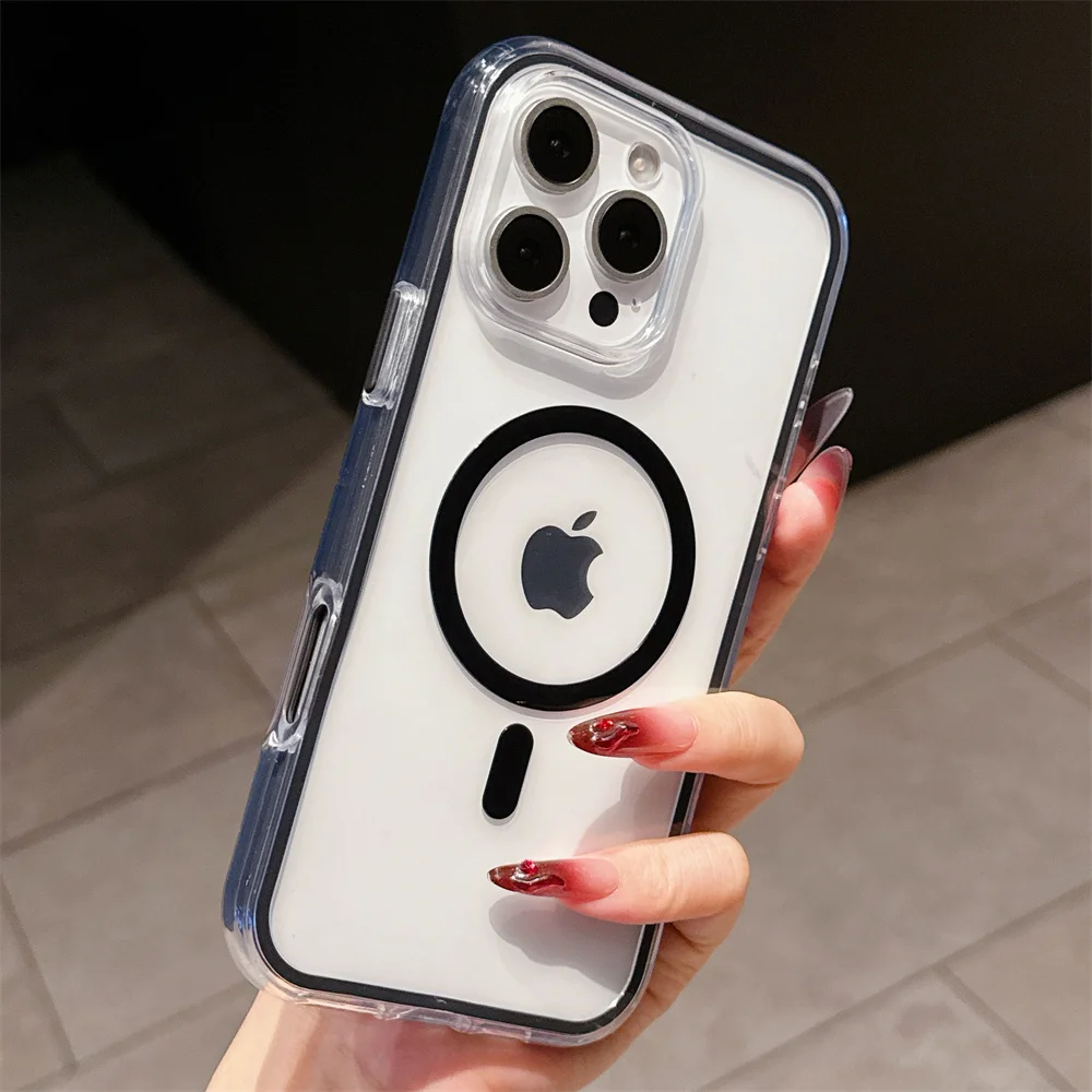 Luksusowe przezroczyste etui z miękkim kolorowym bumperem do iPhone'a 16 15 14 Plus 13 12 Pro Max 11 Odporne na wstrząsy magnetyczne etui z bezprzewodowym ładowaniem