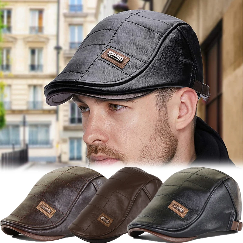 PU Leather  Cap Men Ivy Cap Planas Duckbill Visor Hat Winter Autumn Warm Flat Caps Vintage Man Boinas Gatsby Hats