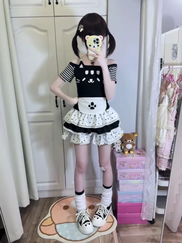 

Милый комплект из трех предметов: топ с принтом на одно плечо, короткая юбка и юбка-кейк для молодых женщин, летний модный наряд из полиэстера.