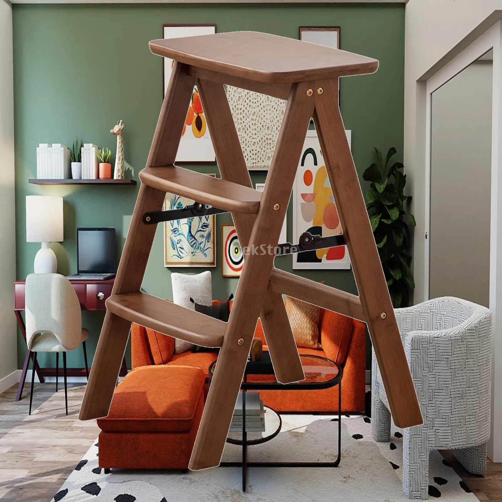 Portable Folding Library Ladder Chair Wooden Step Stool 3 Step Kitchen Ladder for Adults Multipurpose Use