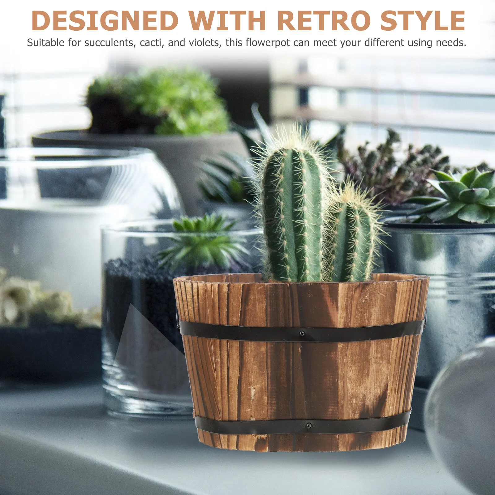 2Pcs Wood Bucket Planter Rustic Barrel Flower Pots for Succulent Plants Vegetables Outdoor Indoor Garden Decor Vintage Whiskey