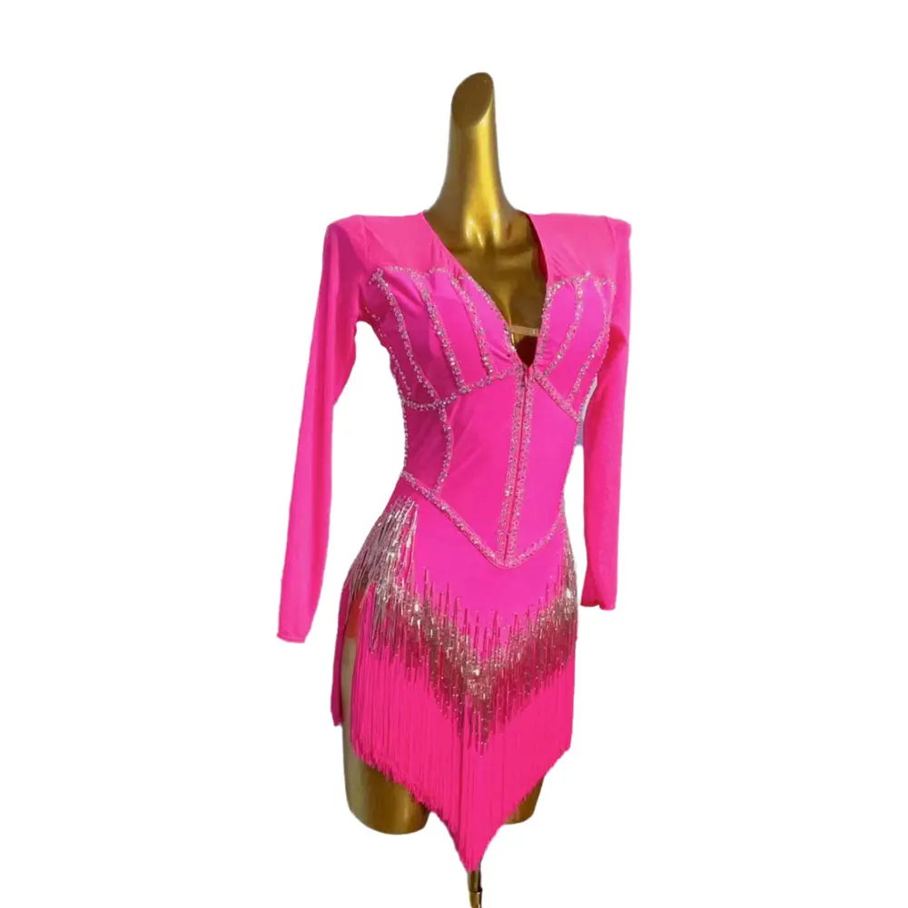 Latin Dance Stage Women's High-end Custom Pink Mesh Stitching Tassel Samba Rhinestone Performance Costume dress