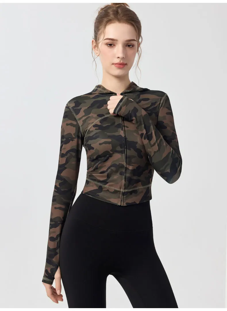 JHJN veste de sport pour femmes manches longues en plein air course Fitness hauts impression personnalisée imprimé léopard Yoga à capuche