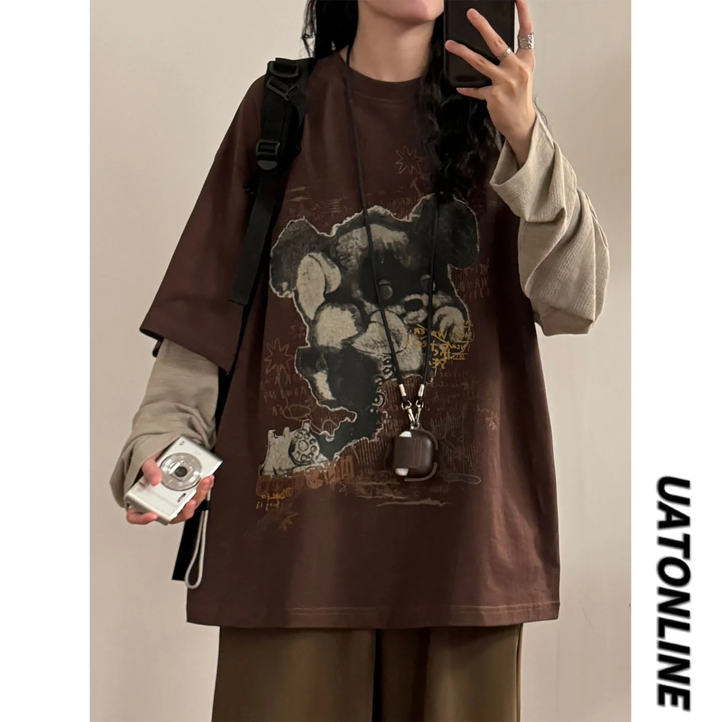 

UATONLINE осень-зима американская ретро круглая толстовка Ne модная длинная футболка из двух предметов с принтом собаки све женский топ