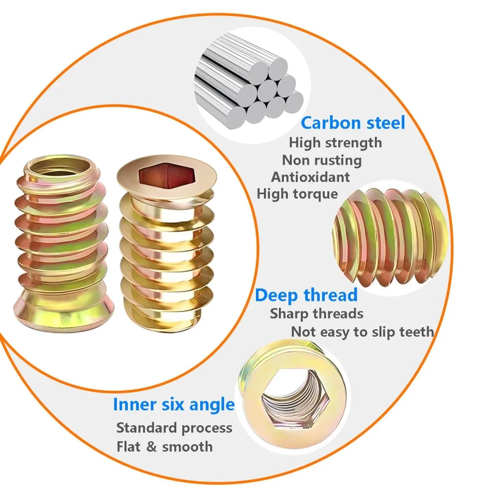 M6 Carbon Steel Countersunk Hex Socket Drive Threaded Insert Nuts Fastener Connector for Wood Furniture