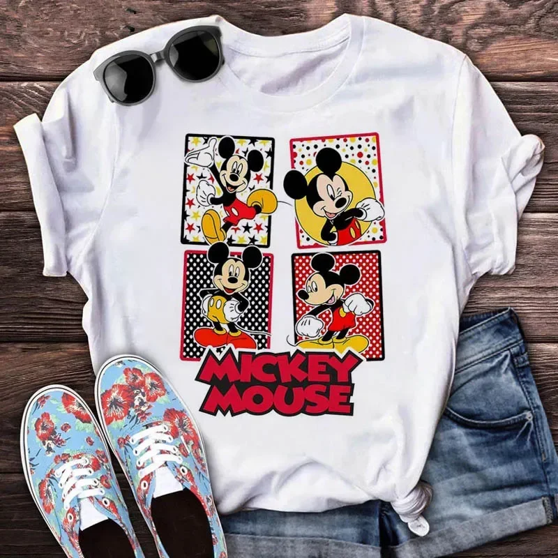 Kawaii Cartoon Women T-shirt Mickey Mouse Print Clothes 2025 Summer Clothing Funny Streetwear Short Sleeves T Shirts Y2k Tops