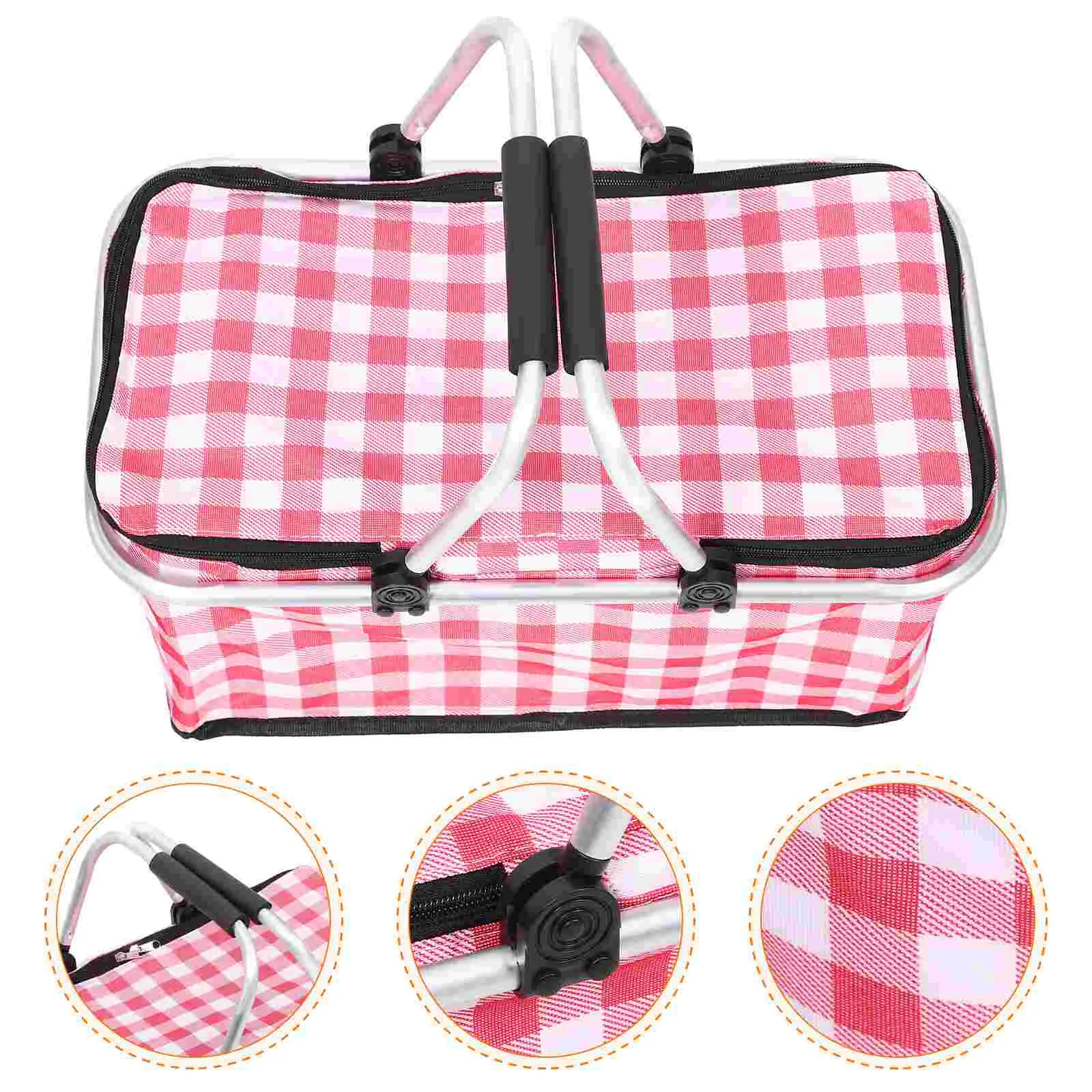 

Insulated Picnic Basket Large Capacity Outdoor Bag Foldable Grocery Tote Lightweight Portable Lunch Container Red Plaid Metal