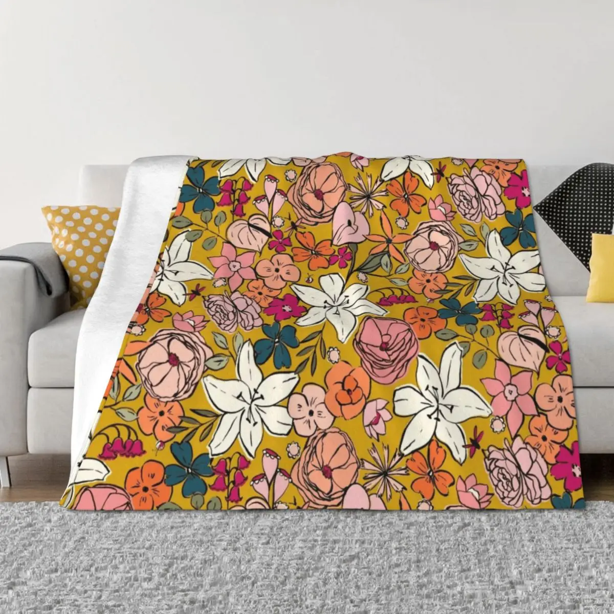 

Yellow Allover Floral Throw Blanket For Sofa Thin Picnic Hairy Decorative Sofas Blankets
